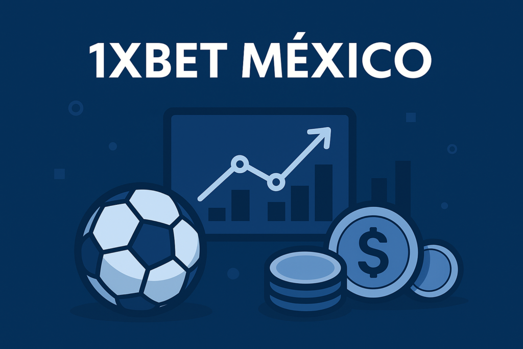 Ilustración de apuestas deportivas con gráficos, balón y monedas sobre fondo azul, representando la guía de 1xBet México.