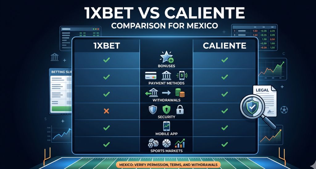 Comparativa visual de 1xBet vs Caliente en México con bonos, pagos, retiros y seguridad