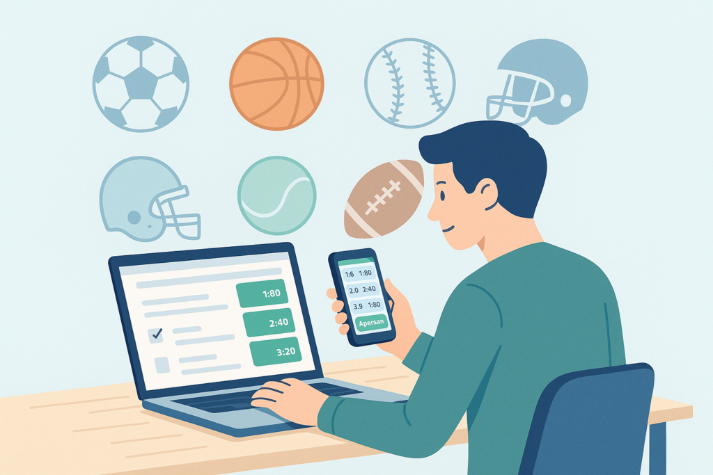 Ilustración flat de un principiante revisando apuestas deportivas en laptop y móvil con iconos de diferentes deportes