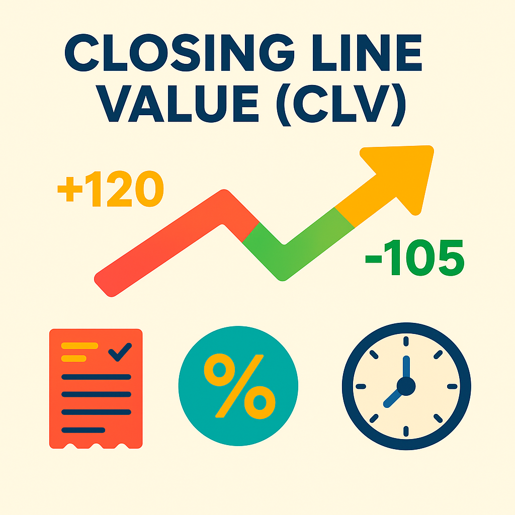 Infografía colorida con el título Closing Line Value (CLV), una flecha que ilustra el movimiento de cuota de +120 a -105 y tres íconos: ticket de apuesta, símbolo de porcentaje y reloj, representando el valor de la línea de cierre en apuestas deportivas.