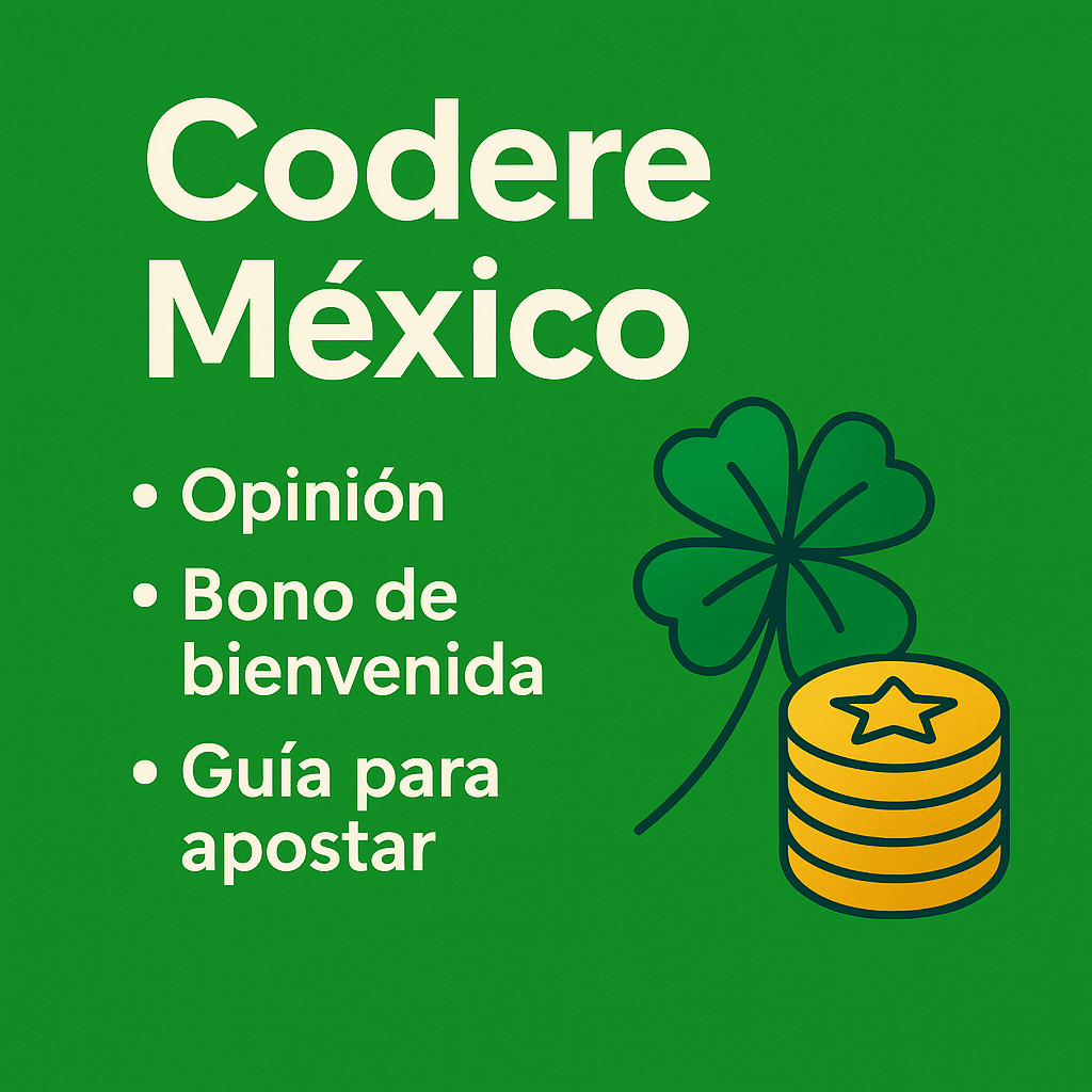 Ilustración sobre apuestas en México con trébol, monedas y texto Codere México en estilo gráfico minimalista.