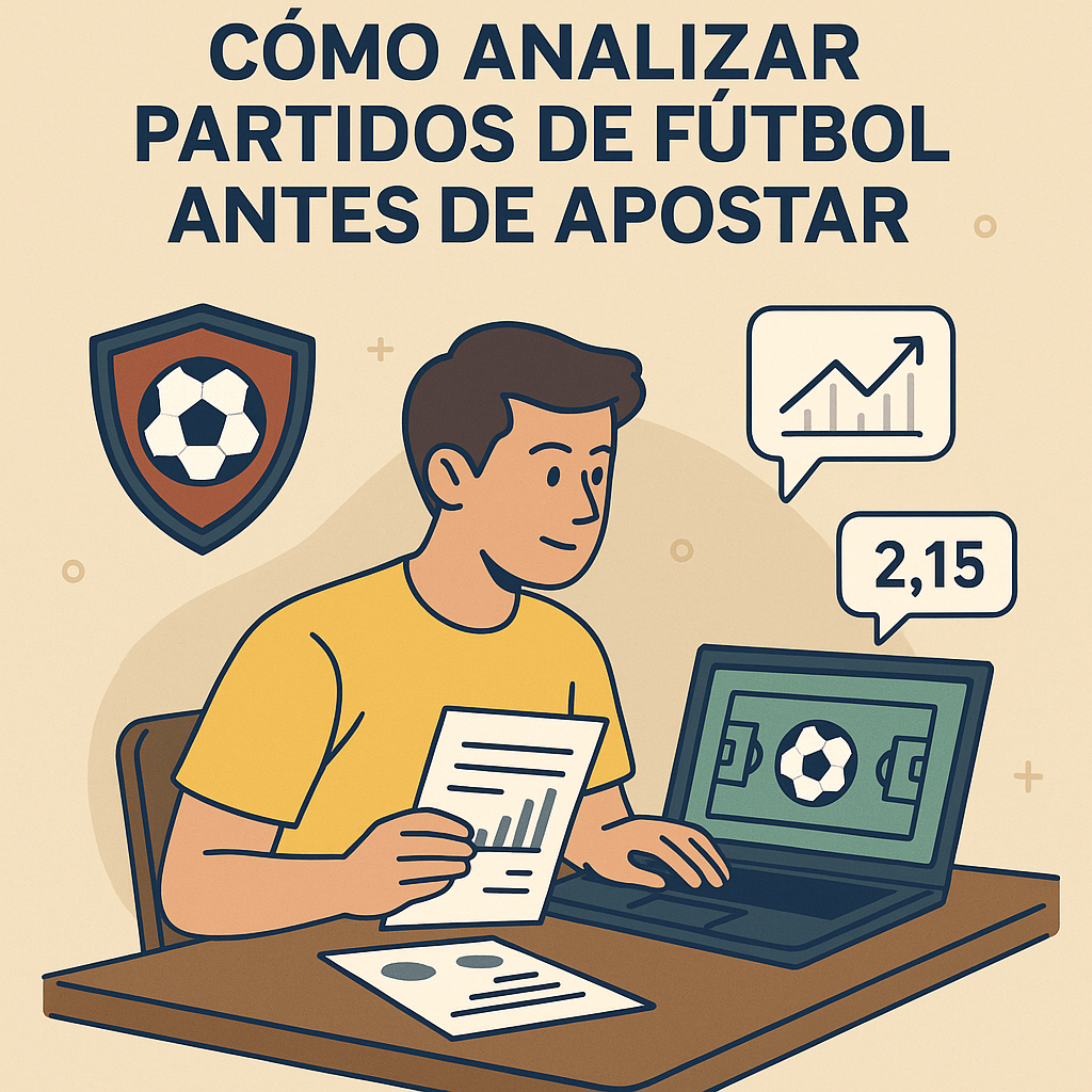 Ilustración de un apostador analizando estadísticas y un partido de fútbol en su laptop antes de apostar.
