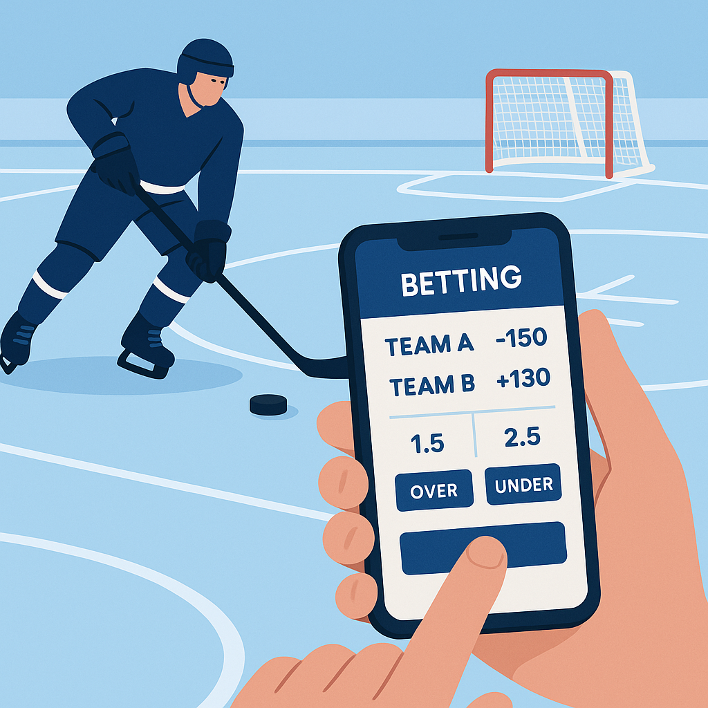 Ilustración flat de apuestas en NHL con un jugador de hockey sobre hielo y un teléfono mostrando cuotas deportivas