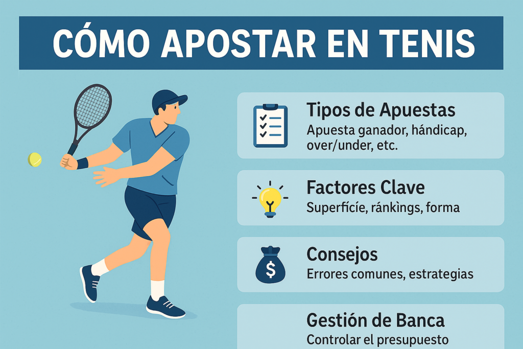 Infografía sobre cómo apostar en tenis con un jugador golpeando la pelota y secciones que explican tipos de apuestas, factores clave, consejos y gestión de banca.