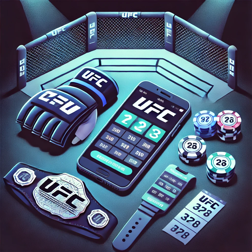 Ilustración de dos peleadores de MMA en jaula con un móvil mostrando cuotas de apuestas