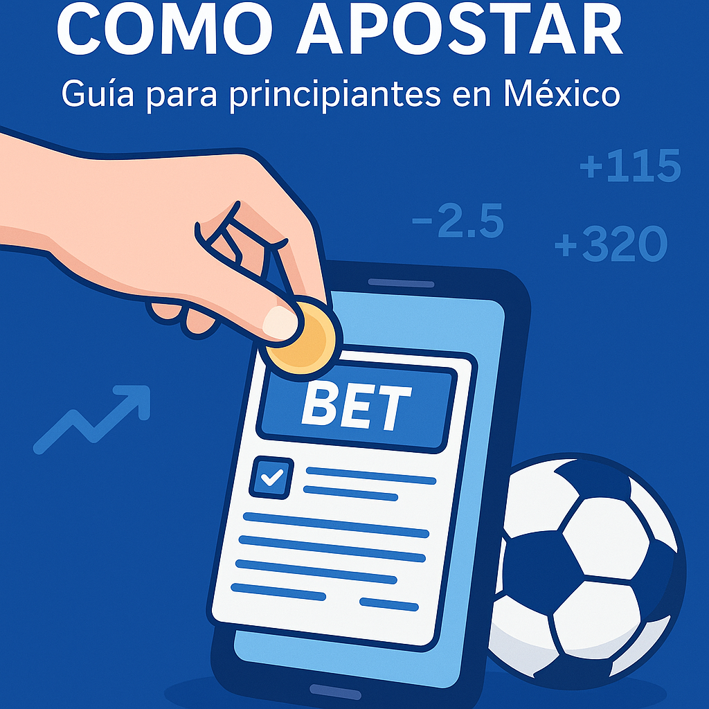 Ilustración de una mano haciendo una apuesta en un celular con un balón de fútbol y cuotas deportivas, representando una guía para principiantes sobre cómo apostar en México.