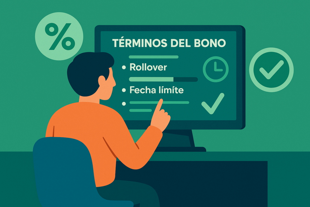 Ilustración flat de un usuario revisando los términos del bono con rollover y fecha límite en pantalla
