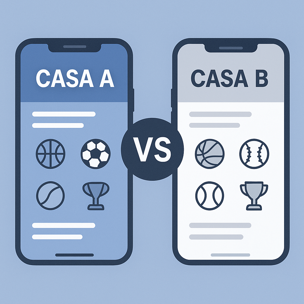 comparativa de dos casas de apuestas genéricas tipo Betano y Caliente, mostrando sus apps en móviles