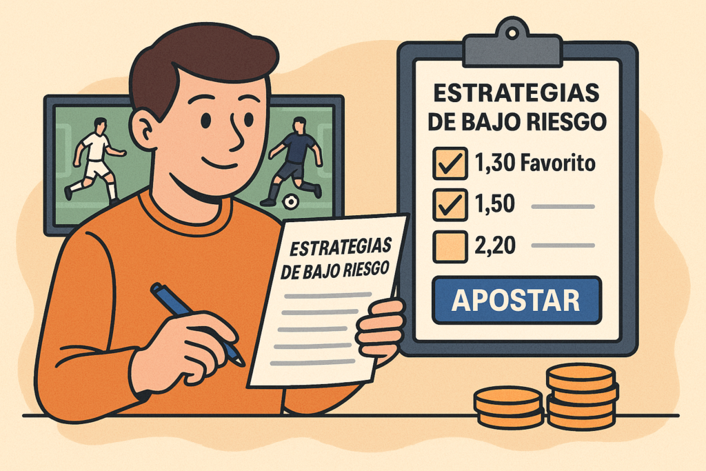 Ilustración de un apostador principiante analizando estrategias de bajo riesgo con cuotas moderadas.