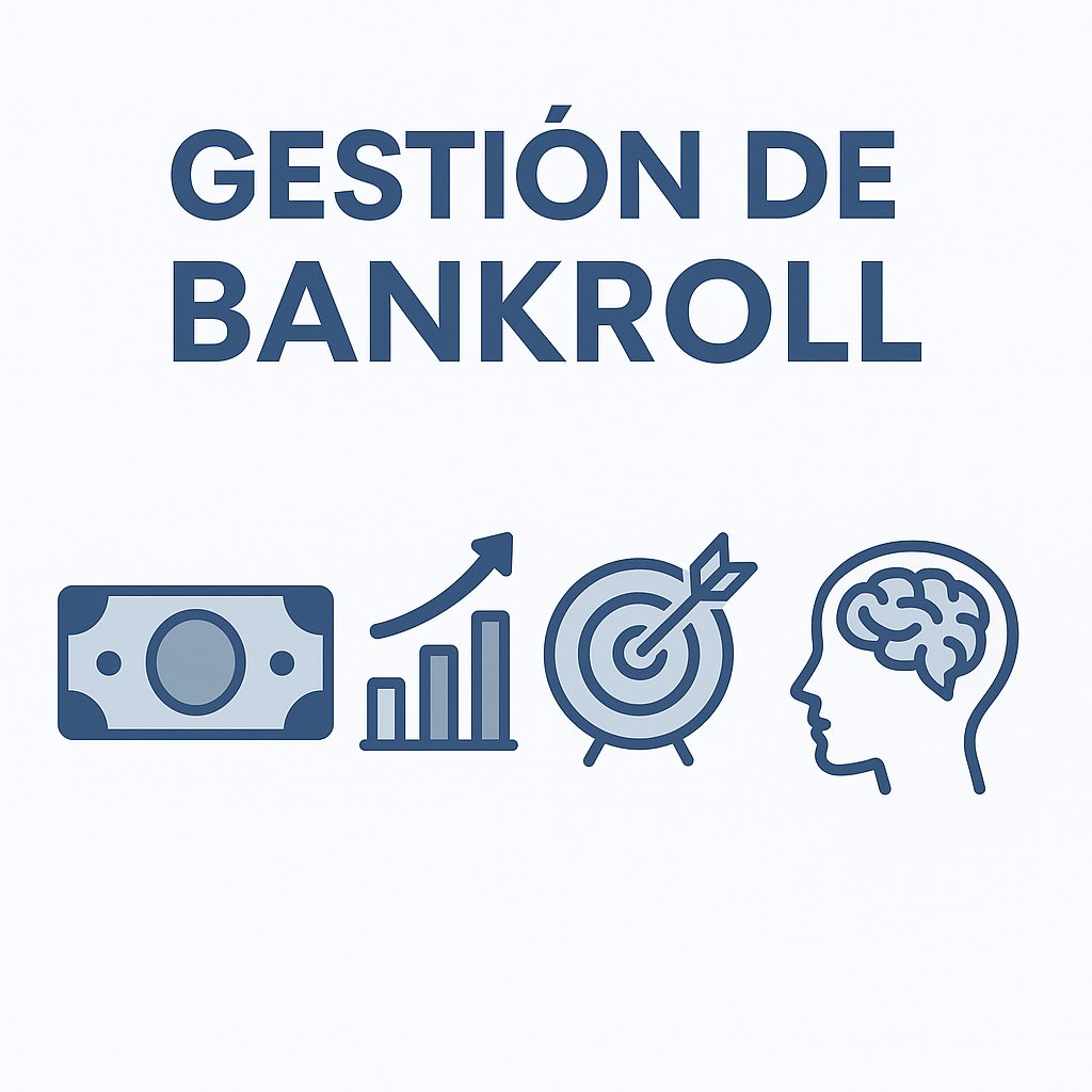 Ilustración minimalista en tonos azul y gris con el texto Gestión de Bankroll y cuatro íconos: billete, gráfico ascendente, objetivo con flecha y cabeza con cerebro, representando administración del dinero, crecimiento, disciplina y estrategia.