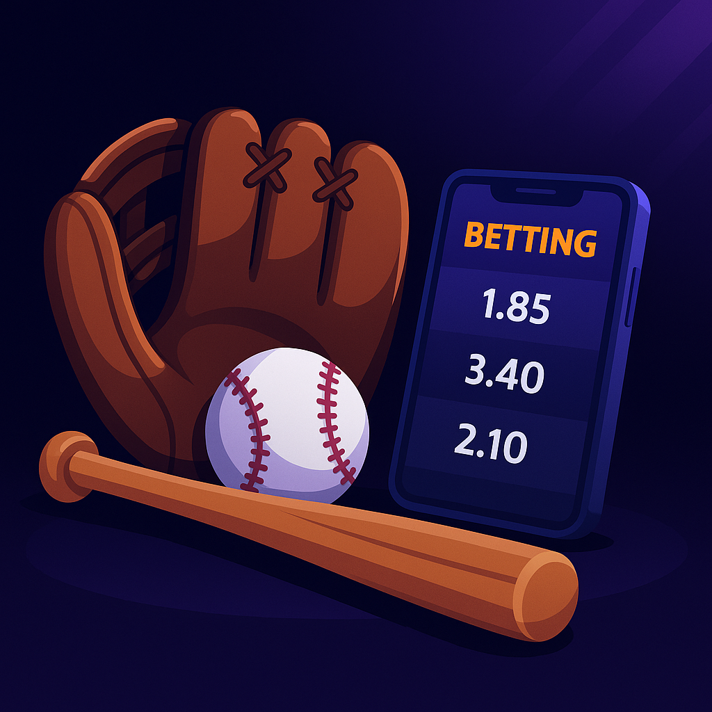 Ilustración de béisbol con guante, pelota, bate y móvil con cuotas de apuestas