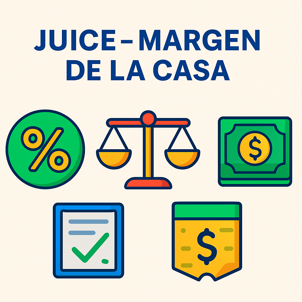 Margen de la Casa y cinco íconos representativos: porcentaje, balanza, billetes, ticket marcado y bolsillo con símbolo de dinero, explicando el concepto de vig o comisión en apuestas deportivas.