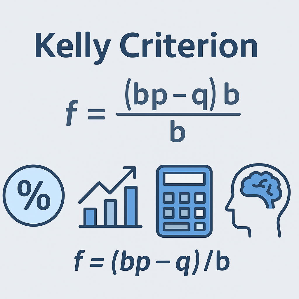 Infografía minimalista en tonos azul y gris con el título Kelly Criterion, la fórmula f = (bp – q) / b y cuatro íconos: porcentaje, gráfico ascendente, calculadora y cerebro, representando análisis matemático y estrategia de apuestas.