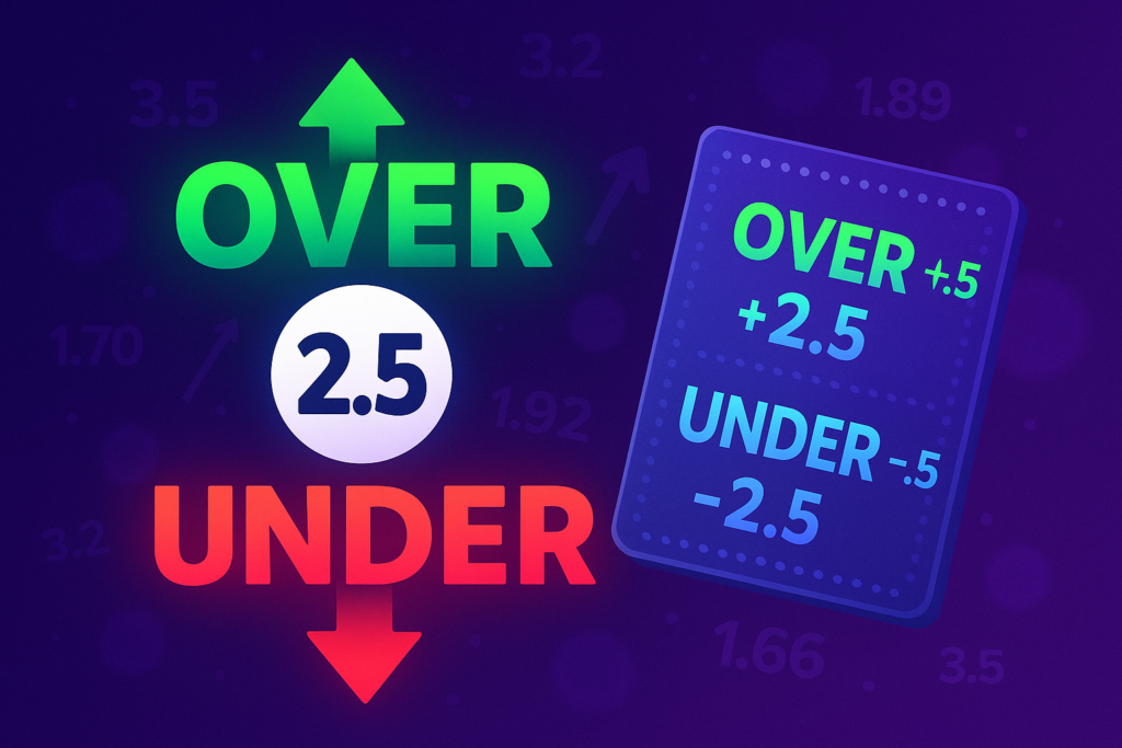 Ilustración explicando apuestas Over / Under con ejemplo de línea 2.5 y flechas de apuesta.