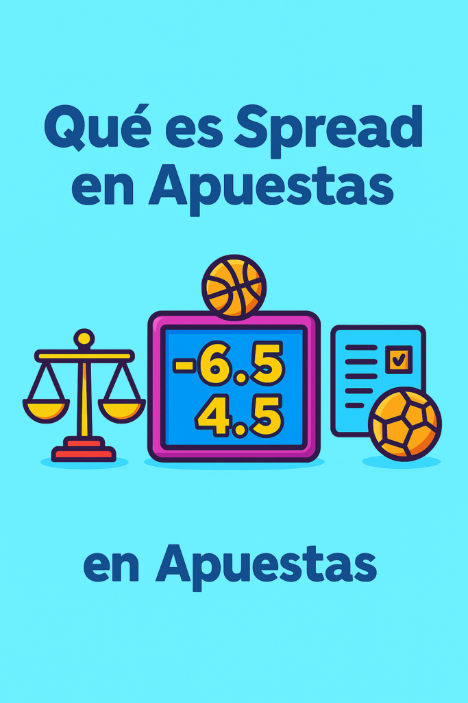 Infografía colorida sobre el concepto de Spread en apuestas deportivas, con una balanza, un marcador con líneas -6.5 y 4.5, y boletos de apuesta acompañados de balones deportivos.