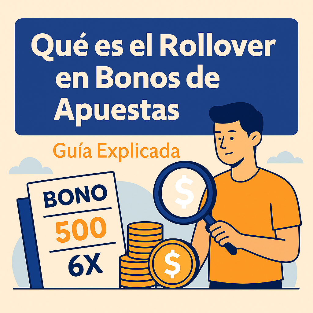 Ilustración explicando qué es el rollover en bonos de apuestas, con iconos de dinero, porcentaje de rollover y una persona analizando un bono.