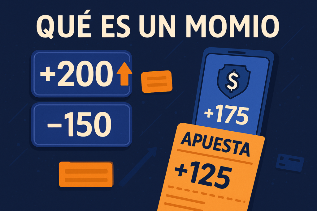 Ilustración explicativa con ejemplos de momios +200, -150 y +175 en apuestas deportivas