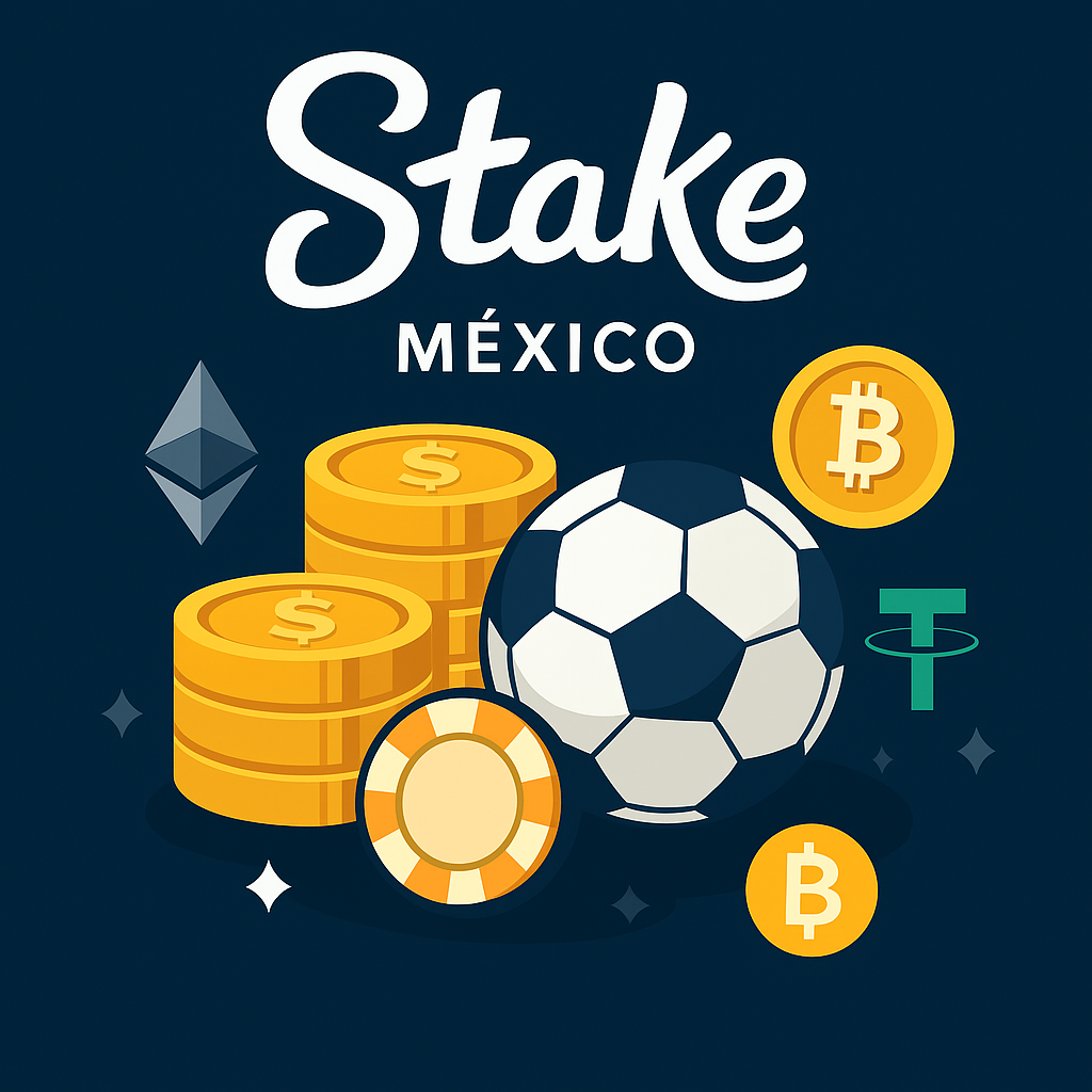 Ilustración sobre apuestas con criptomonedas en México, con monedas, balón de fútbol y símbolos de Bitcoin, Ethereum y Tether en fondo azul.