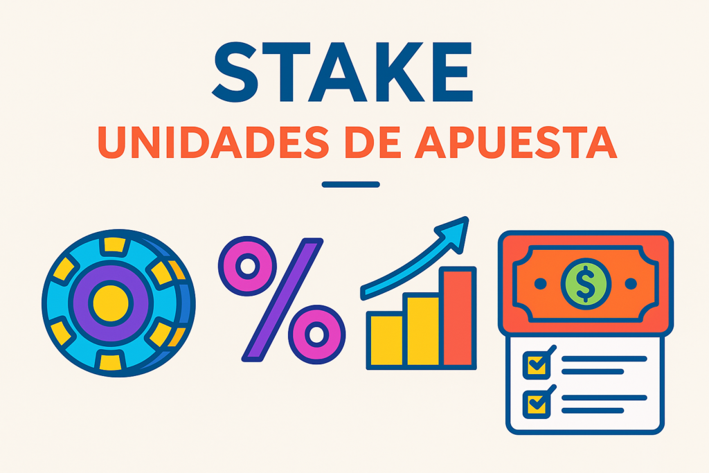 Infografía colorida con el título Stake – Unidades de Apuesta y cuatro íconos: ficha de apuesta, símbolo de porcentaje, gráfico ascendente y billete con checklist,