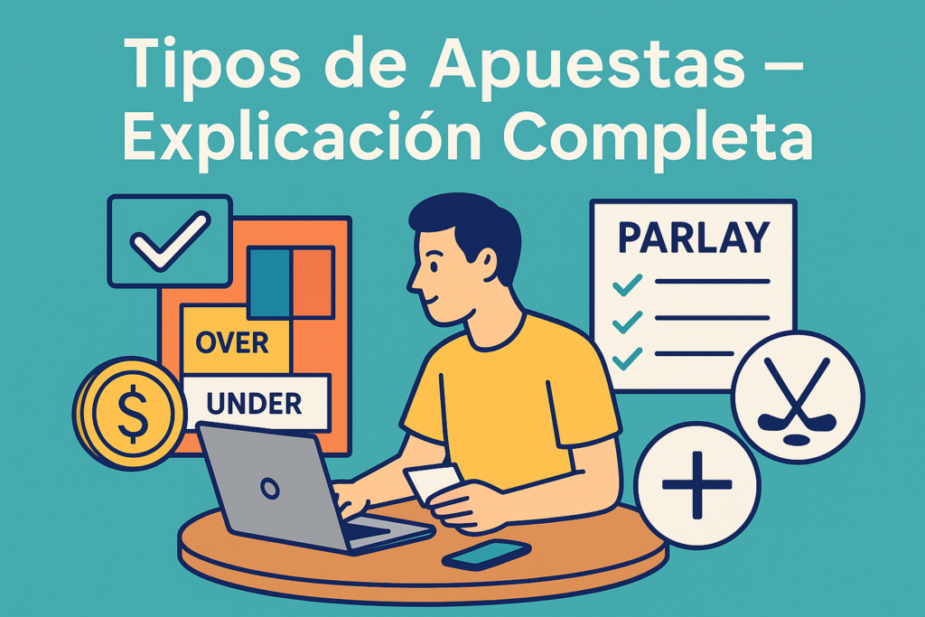 Ilustración flat con elementos de moneyline, over/under y parlays en apuestas deportivas