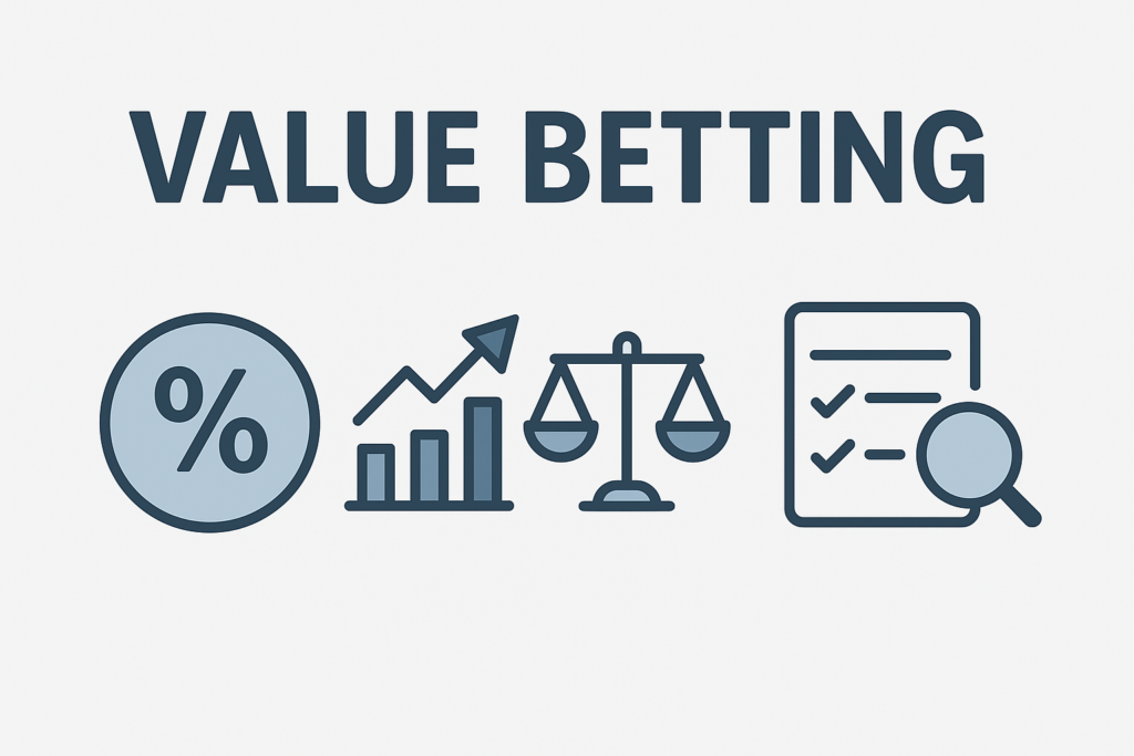 Ilustración minimalista en tonos azul y gris con el texto VALUE BETTING y cuatro iconos: símbolo de porcentaje, gráfico ascendente, balanza y lista con lupa, representando análisis y detección de apuestas con valor.
