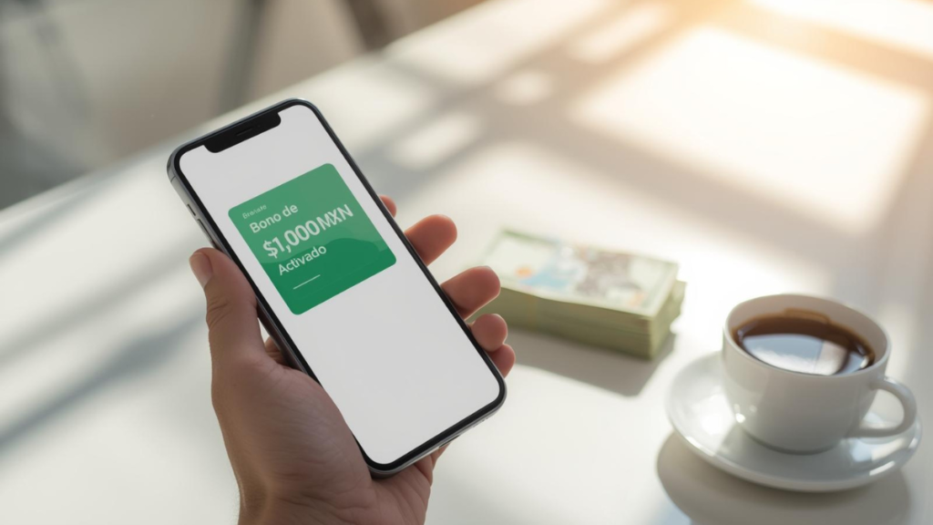 Persona recibiendo una notificación de transferencia bancaria exitosa tras retirar sus ganancias de una casa de apuestas en México.