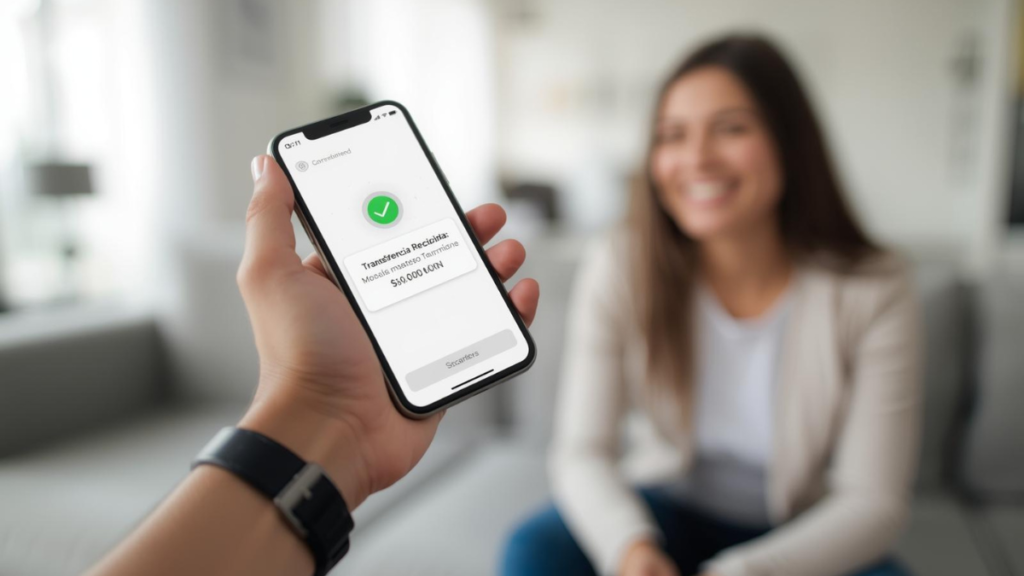Persona recibiendo una notificación de transferencia bancaria exitosa tras retirar sus ganancias de una casa de apuestas en México.