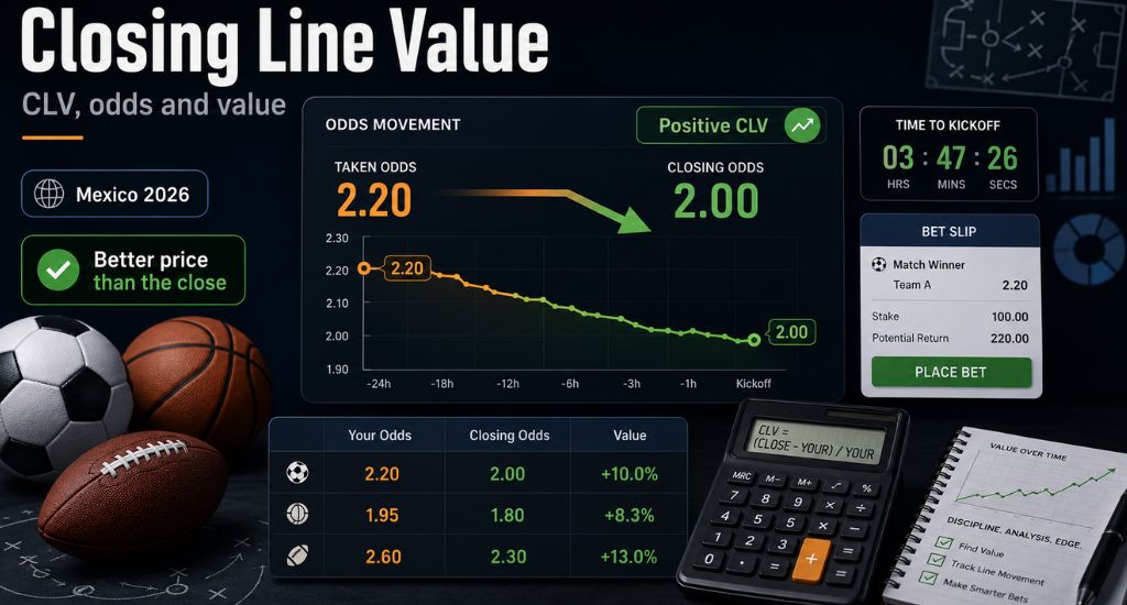 Imagen editorial sobre Closing Line Value CLV con comparación entre cuota tomada y cuota de cierre