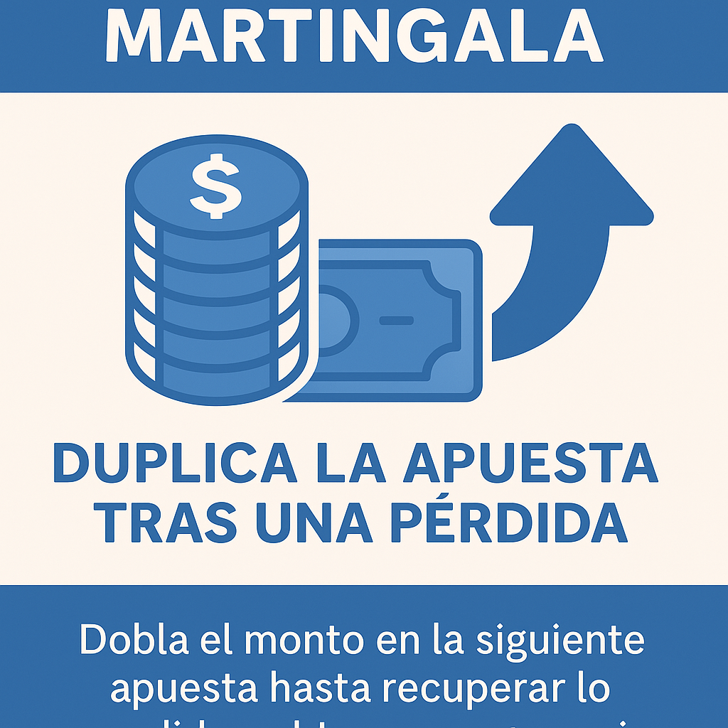 Infografía que explica la estrategia Martingala en apuestas, mostrando cómo se duplica la apuesta después de una pérdida para intentar recuperar el dinero.