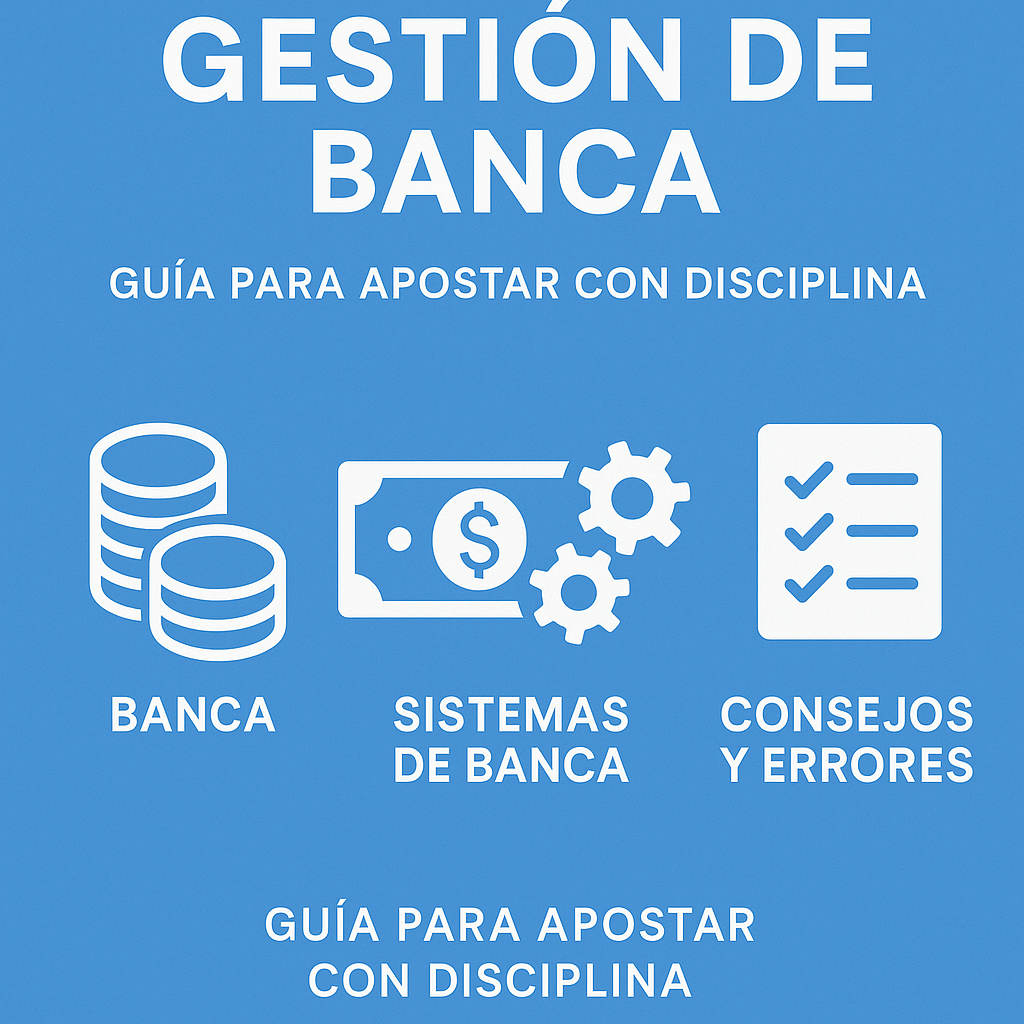 Infografía sobre gestión de banca en apuestas deportivas, mostrando iconos de dinero, sistemas y checklist para ilustrar cómo administrar la banca con disciplina.