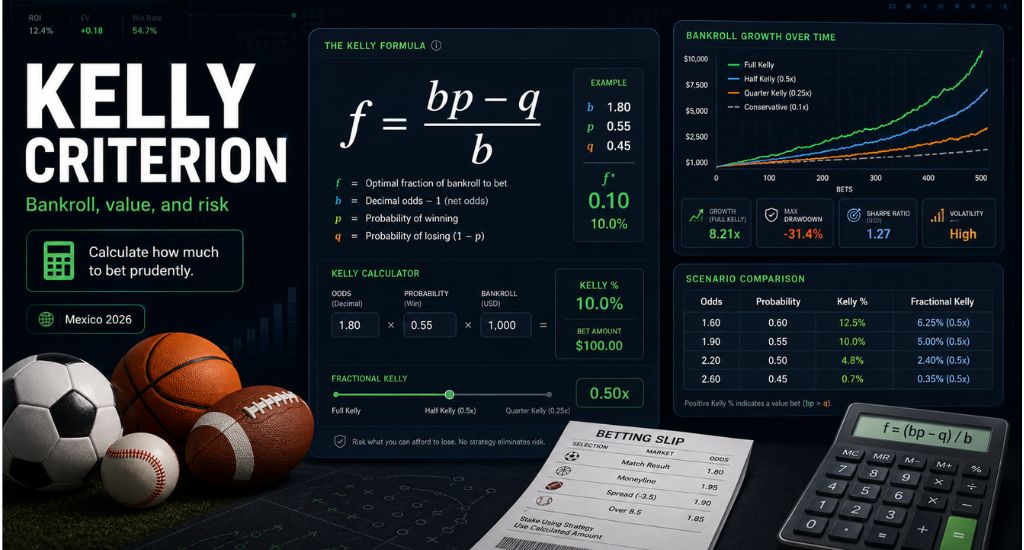 Imagen editorial sobre Kelly Criterion en apuestas deportivas con fórmula, bankroll y Kelly fraccional