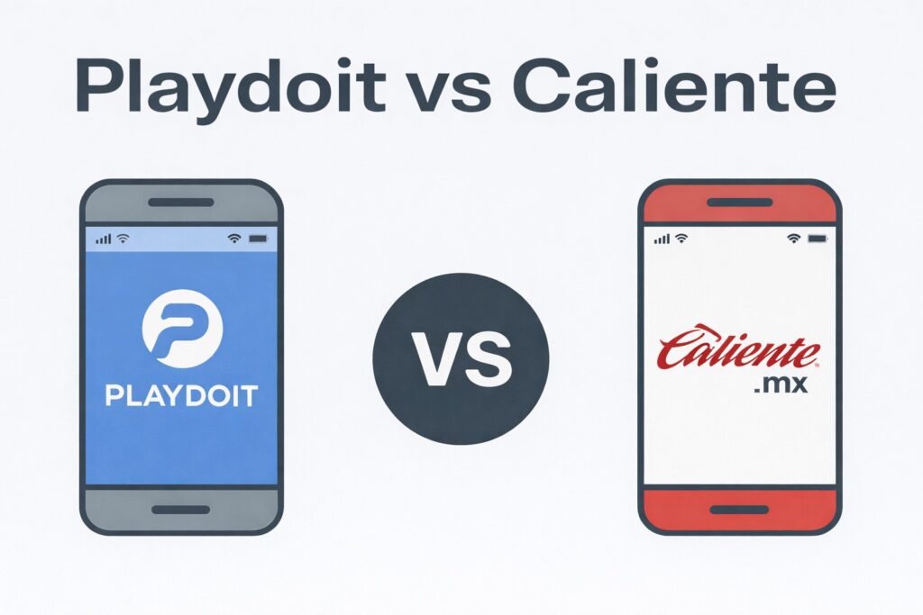 Comparativa entre Playdoit y Caliente, dos casas de apuestas en México, mostradas en una ilustración de teléfonos móviles y símbolos de evaluación