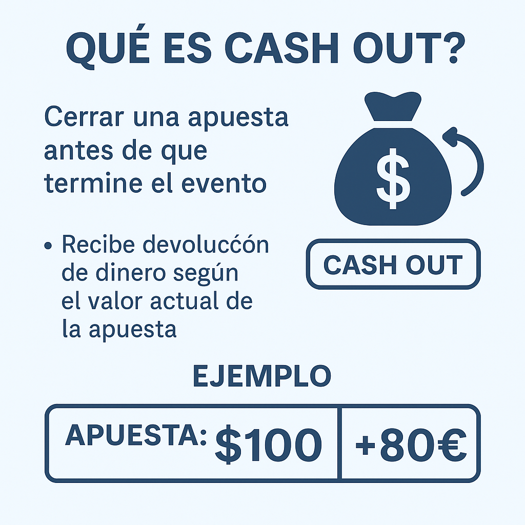 Infografía que explica qué es el Cash Out en apuestas deportivas, mostrando cómo se puede cerrar una apuesta antes de que termine el evento y recibir un monto actualizado.