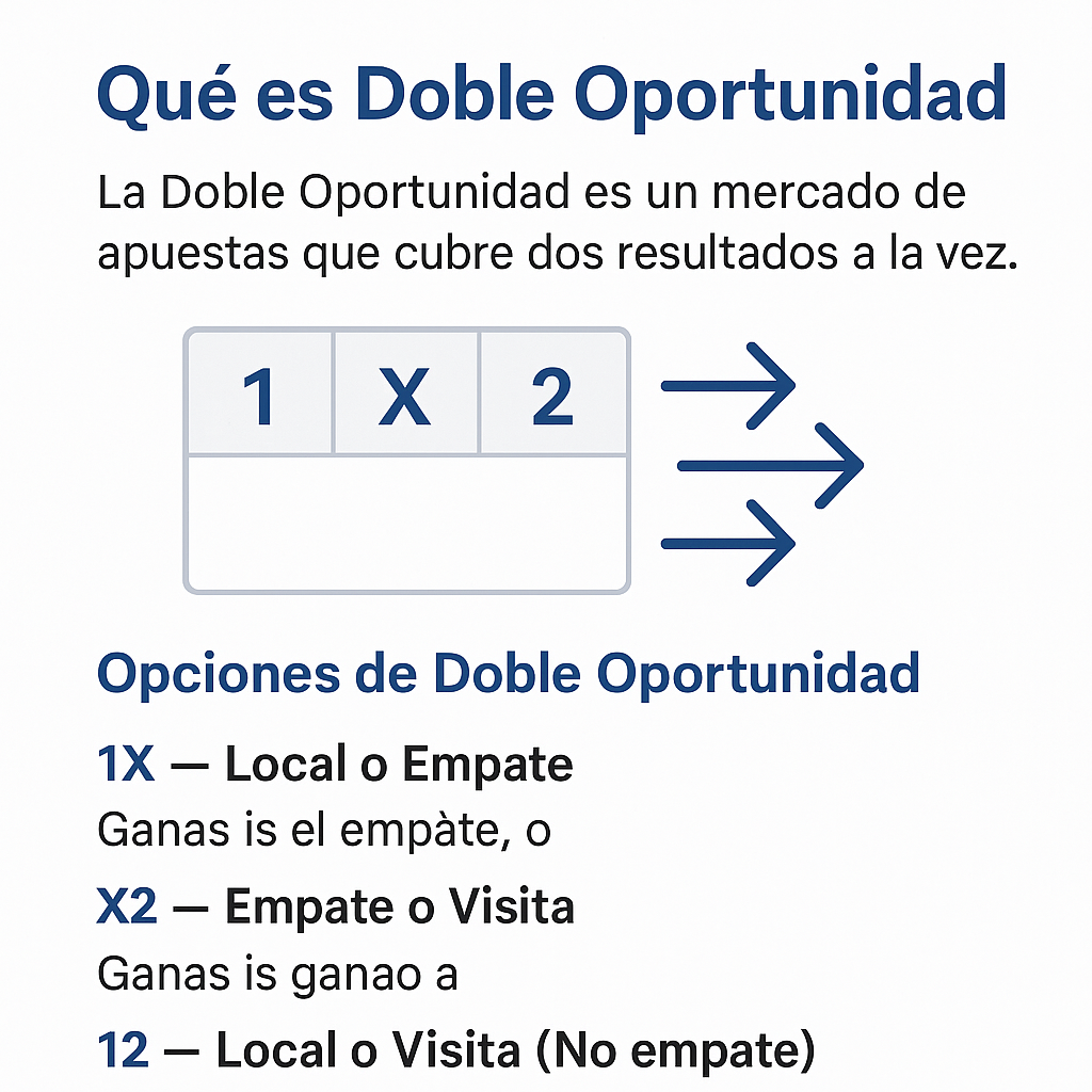Ilustración que explica qué es la Doble Oportunidad en apuestas deportivas y sus opciones 1X, X2 y 12.