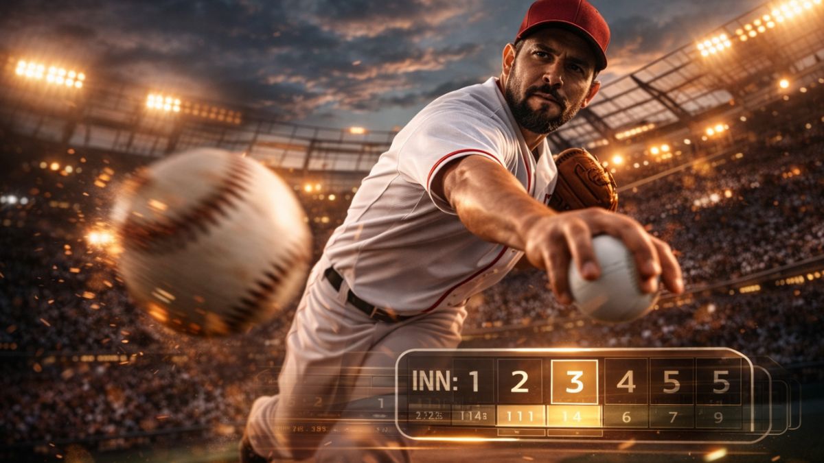 Imagen destacada de un pitcher abridor de béisbol en acción, con un gráfico de superposición de datos de 'F5' que resalta los primeros 5 innings para la guía de apuestas de MLB de como-apostar.online.