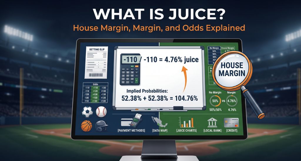Explicación visual del juice en apuestas deportivas con ejemplo de cuotas -110 y margen 4.76%