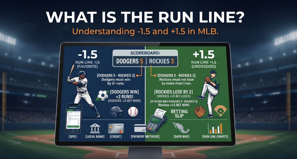 Explicación visual del Run Line en béisbol con líneas -1.5 y +1.5