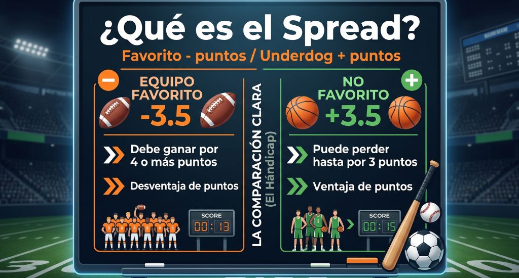 Explicación visual del spread en apuestas deportivas con favorito menos puntos y no favorito más puntos