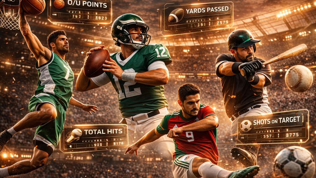 Imagen destacada mostrando un fotomontaje cinematográfico de atletas de baloncesto, fútbol americano, béisbol y fútbol asociación en acción, con superposiciones de datos y estadísticas de 'Props de Jugadores', como Puntos, Yardas y Tiros a Puerta, para la guía sobre qué son los Player Props.