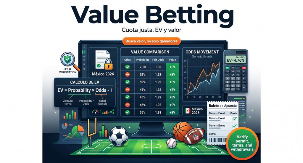 Imagen editorial sobre Value Betting en apuestas deportivas con cuota justa, probabilidad estimada y valor esperado
