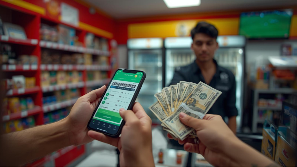 Persona realizando un depósito en efectivo para apuestas deportivas en una tienda de conveniencia en México usando su celular y un código de barras.