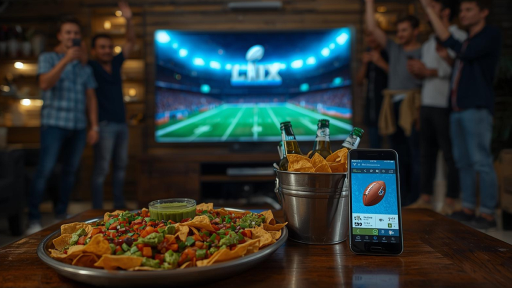 Celular mostrando una app de apuestas con momios del Super Bowl LIX durante una fiesta en una sala de estar en México, con nachos, guacamole y amigos viendo el partido en la TV de fondo.