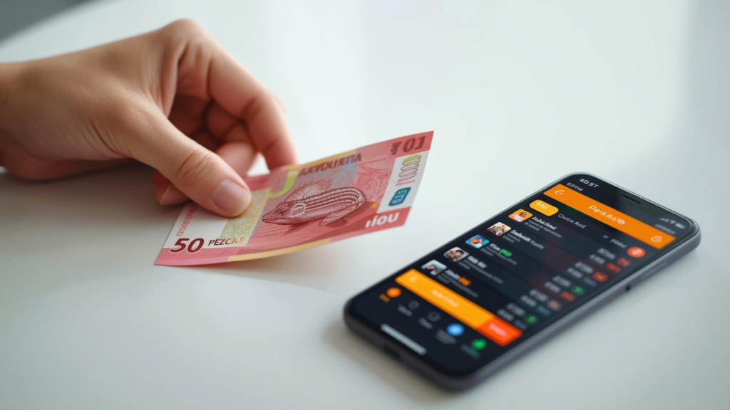 Billete de 50 pesos mexicanos junto a un celular con una aplicación de apuestas deportivas, representando los depósitos mínimos bajos.