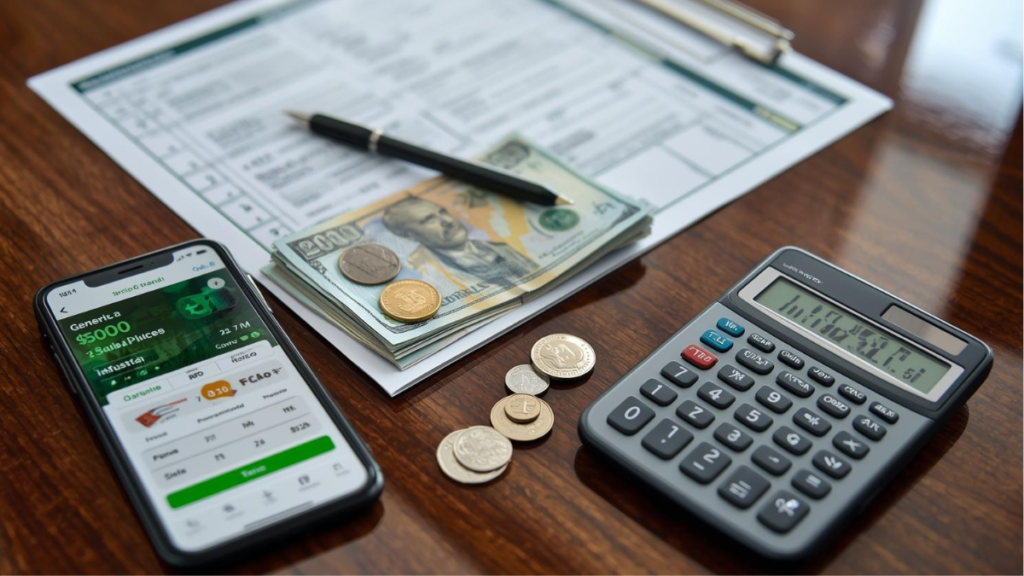 Celular con app de apuestas deportivas junto a una calculadora, pesos mexicanos y documentos fiscales, ilustrando el pago de impuestos al SAT.