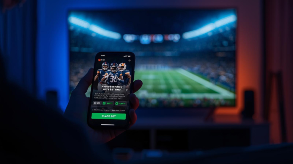 Persona utilizando una aplicación móvil para realizar apuestas de NFL y Super Bowl en México.