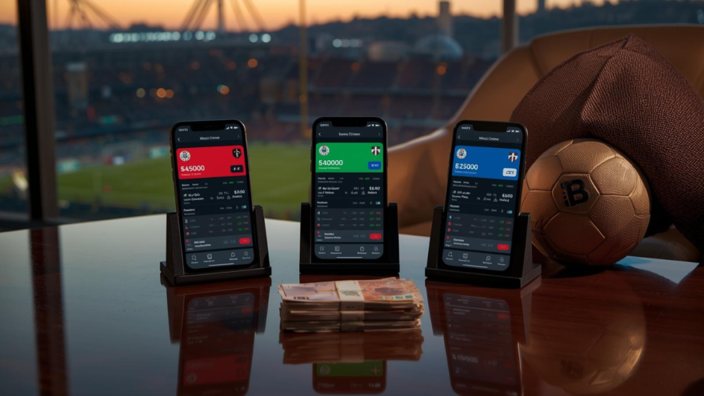 Tres smartphones mostrando interfaces de las mejores casas de apuestas en México sobre un escritorio con pesos mexicanos y un balón de fútbol, ilustrando la comparación de plataformas.
