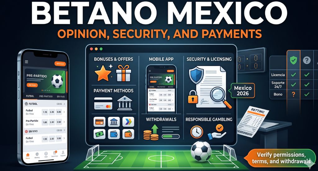 Imagen editorial de Betano México con revisión de seguridad, bonos, app, pagos y retiros