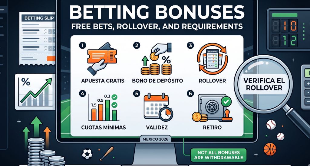 Guía visual de bonos de apuestas en México con freebets, rollover, cuota mínima y requisitos