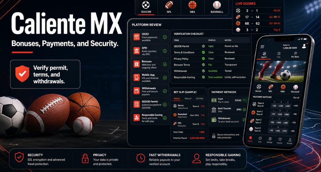 Imagen editorial de Caliente MX con revisión de bonos, pagos OXXO, SPEI, app, retiros y seguridad